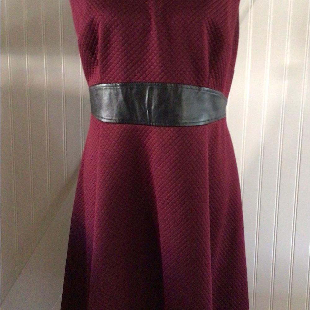 London Style Collections Burgundy Leather Trim Waistline Dress - Picture 2 of 6